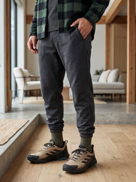 Relaxed-fit dark denim jeans matched with a heavy-duty buffalo plaid flannel shirt over a white thermal henley for a rugged weekend aesthetic.