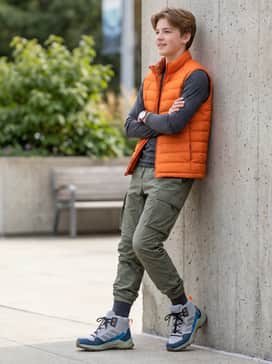 Terrex Ax4r Mid Hiking Shoes – Technical nylon utility pants in olive green matched with a bright orange puffer vest and a long-sleeved base layer to highlight the shoe's accent colors.