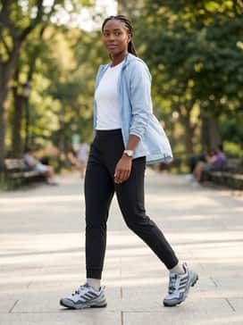Terrex Skychaser Goretex Hiking Shoes – A transitional urban-outdoor style pairing tapered black joggers with a moisture-wicking white tee and a light blue packable windbreaker.