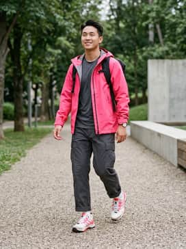 Terrex Skychaser X Shmoofoil Goretex Hiking Shoes – A technical hiking outfit featuring charcoal ripstop cargo pants, a white moisture-wicking t-shirt, and a matching hot pink GORE-TEX jacket for high visibility on the trails.