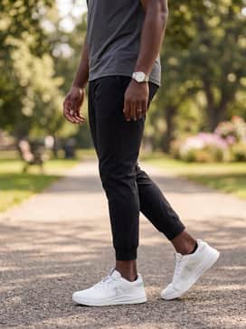 The Roger Adv Z5 – Black tapered joggers paired with a technical fabric t-shirt and a sleek bomber jacket, finishing the look with no-show socks to highlight the shoe silhouette.