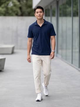 The Roger Advantage Pro Clay – A professional tennis look featuring a navy blue performance polo, white athletic shorts with an 8-inch inseam, and white quarter-length athletic socks.
