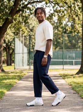The Roger Advantage Pro Clay – A contemporary streetwear ensemble featuring navy pleated trousers, an oversized cream-colored heavyweight cotton tee, and a minimalist silver watch.