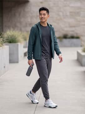The Roger Advantage Pro – A sleek performance look featuring charcoal grey tapered tech joggers, a fitted white moisture-wicking tee, and a dark teal lightweight windbreaker that mirrors the shoe's accents.