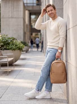 A refined weekend outfit pairing light-wash straight-leg denim with a cream-colored cashmere crewneck sweater and a minimalist leather backpack.