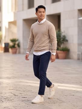 Navy blue slim-fit chinos paired with a crisp white Oxford button-down shirt tucked in, layered with a beige merino wool sweater for a sophisticated, tonal look.