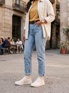 The Roger Clubhouse Ace – Light-wash straight-leg denim jeans with a single roll at the cuff, a mustard yellow graphic t-shirt to highlight the shoe's accents, and an unbuttoned cream corduroy overshirt.