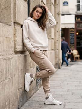 Combine with tapered beige joggers and a matching oversized hoodie to create a sleek, tonal athleisure ensemble perfect for city errands.