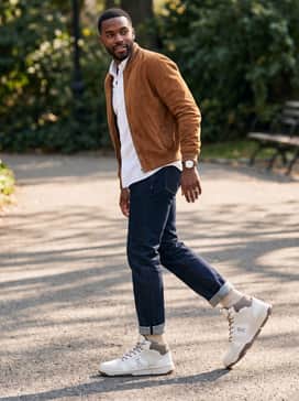 Wear with dark-indigo selvedge denim, a crisp white button-down shirt, and a brown suede bomber jacket to highlight the shoe's earth-toned accents.