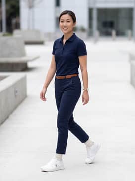 A crisp white polo shirt tucked into navy blue slim-fit chinos, finished with a leather belt for a classic preppy look.