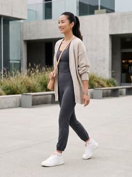 The Roger Clubhouse – High-waisted charcoal leggings paired with a matching sports bra and an oversized oatmeal-colored knit cardigan for a cozy yet active aesthetic.