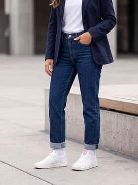 The Roger Clubhouse – Light-wash straight-leg denim jeans with a tucked-in white graphic tee and a structured navy blazer for a perfect high-low balance.