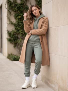 Premium sage green joggers with a matching oversized hoodie and a camel-toned wool overcoat for a sophisticated travel ensemble.