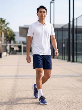 A crisp white moisture-wicking polo shirt paired with tailored navy blue tennis shorts and high-performance white crew socks for a classic on-court ensemble.