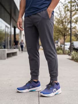 Tapered charcoal grey technical joggers worn with a slim-fit navy compression tee and a lightweight, breathable windbreaker for transitional weather training.