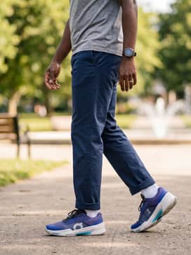 Slim-fit navy chinos rolled at the hem, paired with a high-quality grey marl t-shirt and a luxury sports watch for a refined off-court weekend outfit.