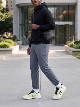 Urban Tech Style: Slate grey cargo pants with cinched ankles, a high-density black graphic hoodie, and a crossbody tech bag for a street-ready aesthetic.