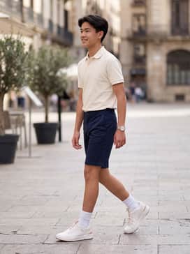 A clean white polo shirt tucked into navy blue chino shorts with white crew socks for a classic, tennis-inspired preppy aesthetic.