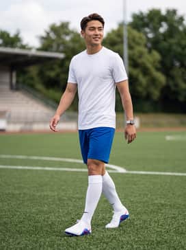 Match-day ready: A crisp white team jersey paired with royal blue athletic shorts and matching white performance soccer socks.