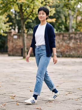 High-waisted straight-leg light wash jeans with a tucked-in white baby tee and a navy blue oversized cardigan for a classic '90s vibe.