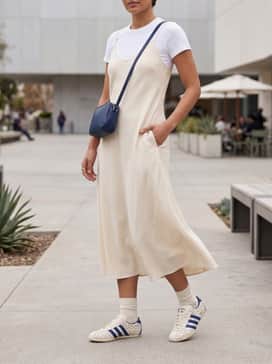 A cream-colored midi slip dress layered over a white fitted t-shirt, accessorized with a small blue crossbody bag to match the stripes.
