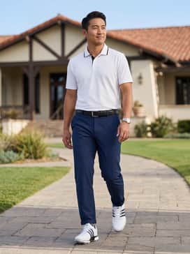 Tour360 24 Wide Golf Shoes – Navy blue moisture-wicking golf trousers paired with a crisp white performance polo and a black leather belt for a timeless tournament look.