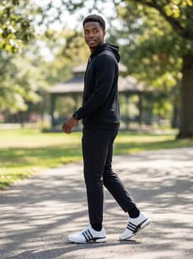 Tour360 24 Wide Golf Shoes – Black tapered joggers designed for golf, paired with a fitted technical hoodie for a contemporary, athletic 'streetwear-meets-fairway' aesthetic.