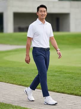 Pair with navy blue tailored golf trousers, a crisp white performance polo shirt, and a matching navy leather belt for a classic course look.