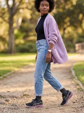 Trabuco Terra 2 – Cozy post-run cool: Combine the sneakers with athletic-fit light-wash jeans, a tucked-in black ribbed mock-neck top, and a chunky knit oversized lavender cardigan for a relaxed, feminine finish.