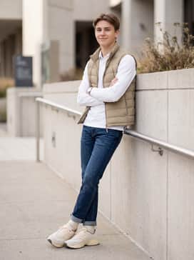 Trunner Os – Slim-fit dark wash denim jeans coupled with a crisp white long-sleeved polo and a lightweight puffer vest in khaki.