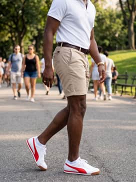 Tailored khaki shorts worn with a white pique polo shirt and no-show socks for a clean, preppy summer outfit.