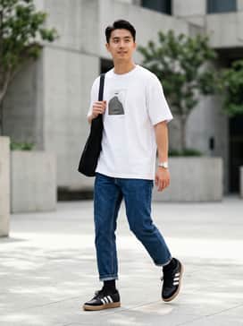 A pair of wide-leg vintage-washed blue jeans, a heavyweight white oversized graphic tee, and a black canvas tote bag for a classic 90s skate aesthetic.