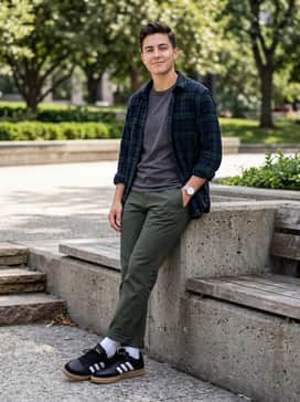 Distressed charcoal denim jeans, a vintage band t-shirt, and an unbuttoned flannel shirt over the top for a layered, edgy look.