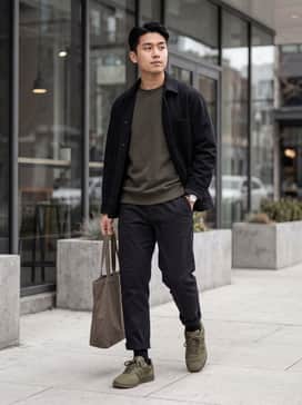 Slim-fit black joggers paired with a heather gray graphic tee and a lightweight olive bomber jacket for a coordinated athletic look.