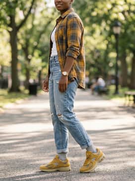 Distressed light-wash denim jeans combined with a mustard-yellow flannel shirt over a white tank top for a cohesive, 90s-inspired casual outfit.