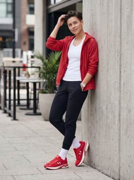Ua Apparition – All-black high-waisted performance leggings worn with a white racerback tank top and a lightweight unzipped red windbreaker.