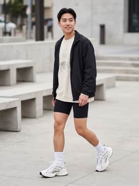 High-waisted black biker shorts paired with an oversized vintage graphic sweatshirt and tall white ribbed crew socks to highlight the chunky silhouette.