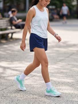 A performance-ready look featuring navy blue mesh athletic shorts and a moisture-wicking white tank top with a subtle mint green logo to tie in the sneakers.