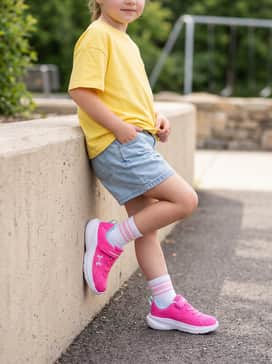 Ua Assert 11 Ac – A playful playground look with light-wash denim shorts, white crew socks with pink stripes, and a bright yellow oversized t-shirt for a high-contrast summer style.