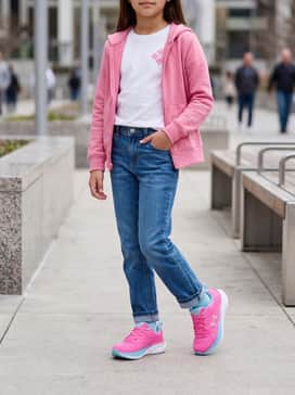 Classic slim-fit denim jeans with a tucked-in white graphic tee and a pink zip-up hoodie to mirror the shoe's primary color.