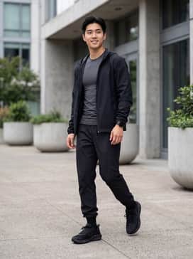 A high-performance athletic look featuring black moisture-wicking joggers, a charcoal grey compression t-shirt, and a lightweight nylon windbreaker.