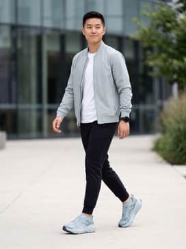 Ua Aura Ripstop – High-waisted black technical joggers paired with a fitted white ribbed tank top and a lightweight, oversized nylon bomber jacket in a complementary pale blue.
