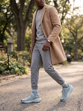 Ua Aura Ripstop – A monochromatic loungewear set consisting of heather grey fleece sweatpants and a matching oversized crewneck sweatshirt, layered under a long tan wool overcoat.