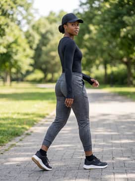 Ua Aurora 3 – Tech-fleece tapered joggers in light heather grey worn with a fitted black long-sleeved bodysuit and a matching sleek baseball cap for a streamlined, functional urban outfit.