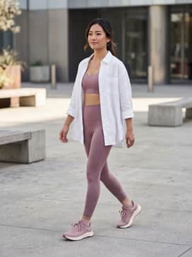 Pair with high-waisted mauve leggings and a matching sports bra, layered with an oversized white linen shirt for a chic post-workout ensemble.