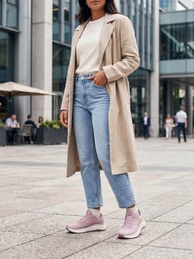 Style with cropped light-wash straight-leg jeans, a tucked-in cream graphic tee, and a beige trench coat for a sophisticated casual day look.