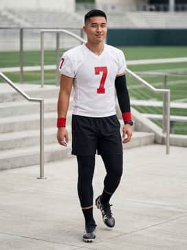 Ua Blur Pro Click Clack – A full team gameday kit featuring black compression pants, a white jersey with red numbering, and matching red wristbands for a cohesive look.