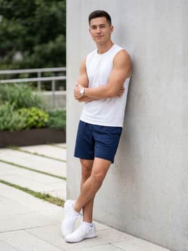 Ua Blur Pro Turf – A clean summer training outfit consisting of navy blue athletic mesh shorts and a white sleeveless performance tank top, ideal for outdoor drills or gym sessions.