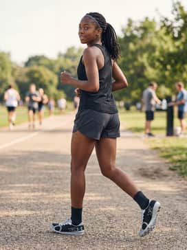 A casual training kit including 5-inch inseam athletic shorts, a breathable mesh tank top, and a performance headband for high-intensity sessions.