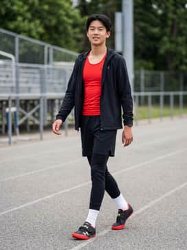 A sleek compression fit: Pair with black compression tights, a moisture-wicking red performance tank top, and white crew-length athletic socks to mirror the shoe's branding.